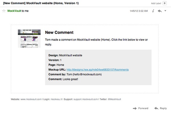 Comment email with mockup preview